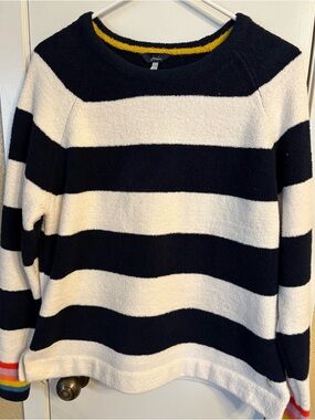 Joules Navy & White Wide-Stripe Crew Sweater with Rainbow Cuffs